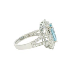 14K Weißgold Natürlicher Aquamarin & Diamant Double Halo Ring Vorrätig
