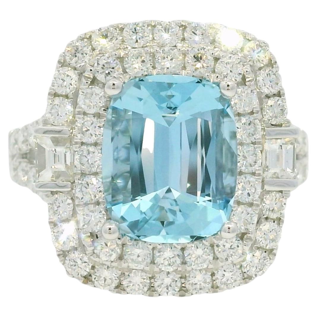 Anillo Doble Halo Aguamarina Natural y Diamante en Oro Blanco de 14K En Stock