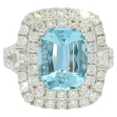 14K Weißgold Natürlicher Aquamarin & Diamant Double Halo Ring Vorrätig