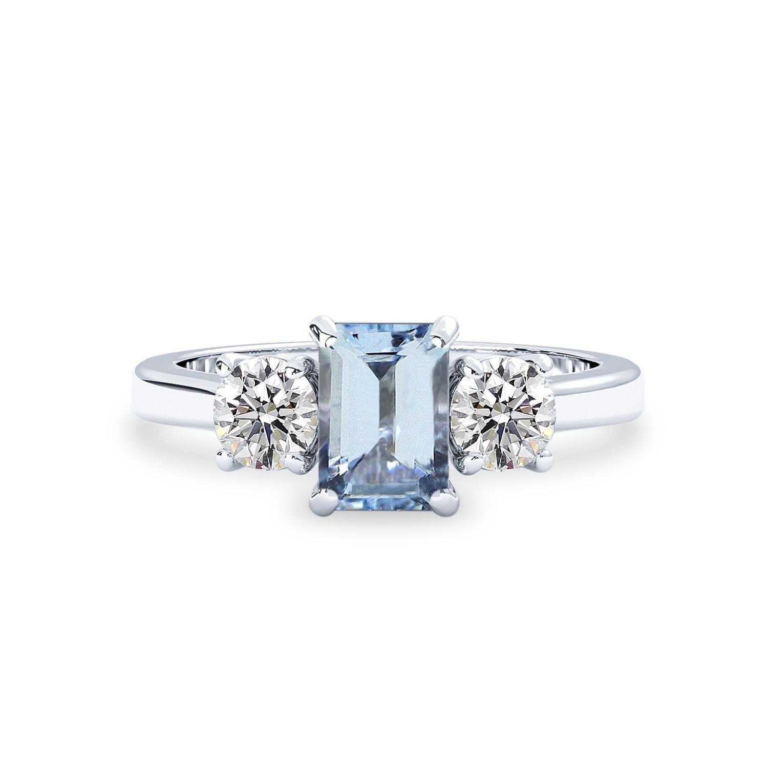 14k White Gold Natural Aquamarine & Diamond'.5t.c.w' Three Stone Engagement Ring