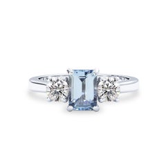 14k White Gold Natural Aquamarine & Diamond'.5t.c.w' Three Stone Engagement Ring