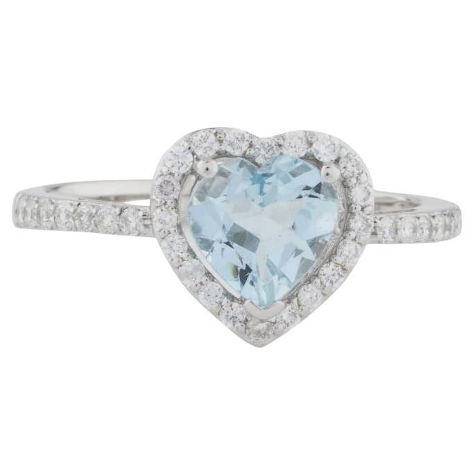 14K White Gold Natural Aquamarine Heart & Diamond Cocktail Ring For Sale