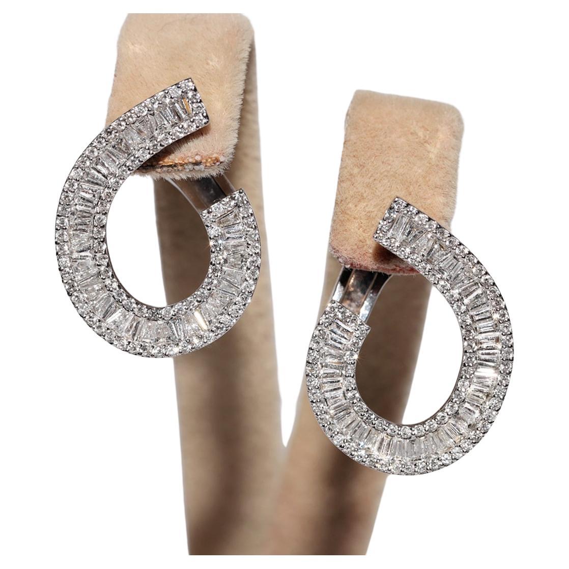 14k White Gold Natural Baguette Cut Diamond Decorated Stud Earring