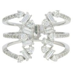 Bague ouverte en or blanc 14K diamant naturel baguette et rond brillant En stock