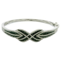 14k White Gold Natural Black And White Diamond X Bangle Bracelet