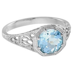 14K White Gold Natural Blue Topaz Vintage Style Eight Prong Ring