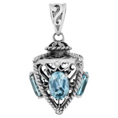 Pendentif tétraèdre en or blanc 14K avec topaze bleue naturelle de style vintage