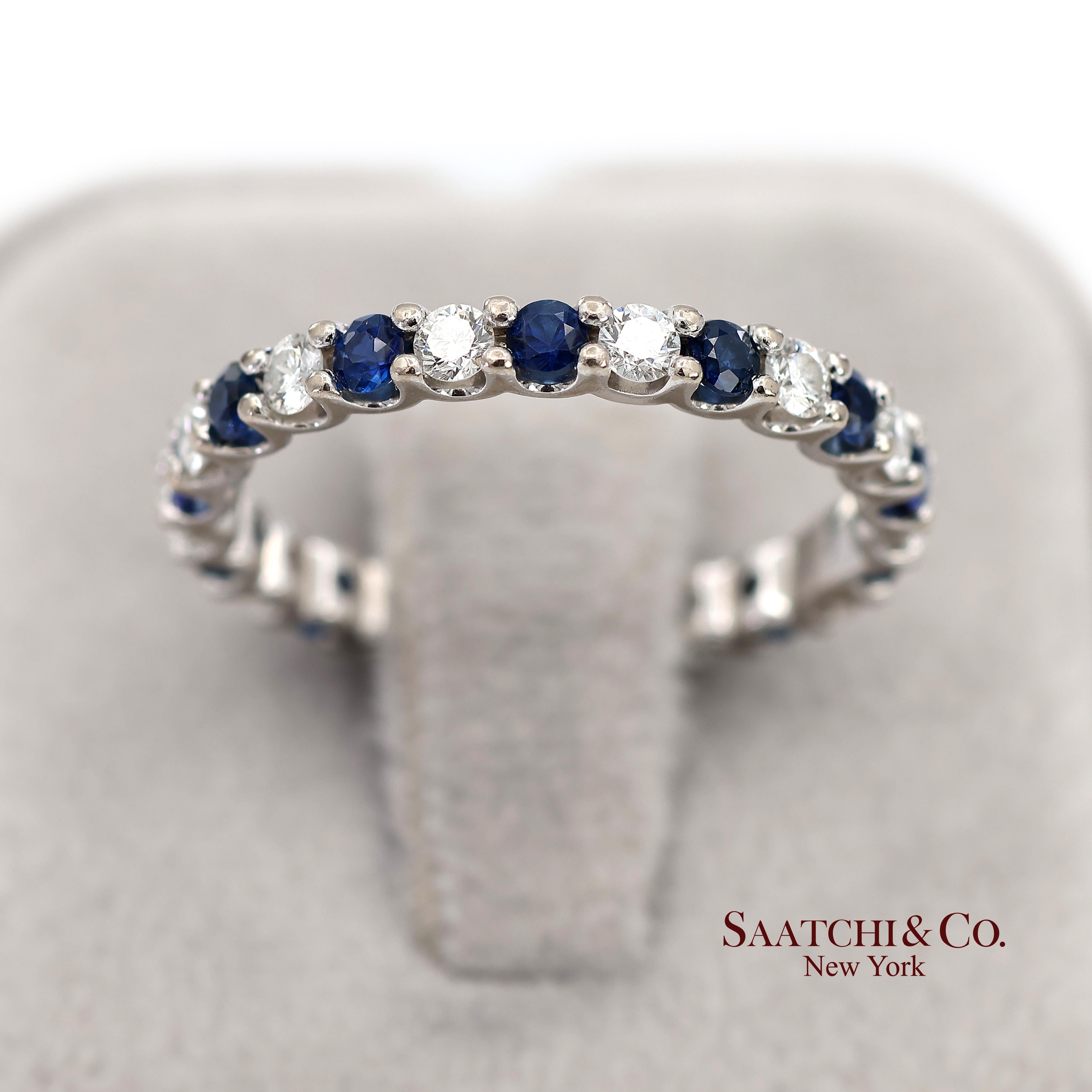 14K Weißgold Natürlicher Brillant Diamant und Saphir Bandring für Damen oder Herren im Angebot