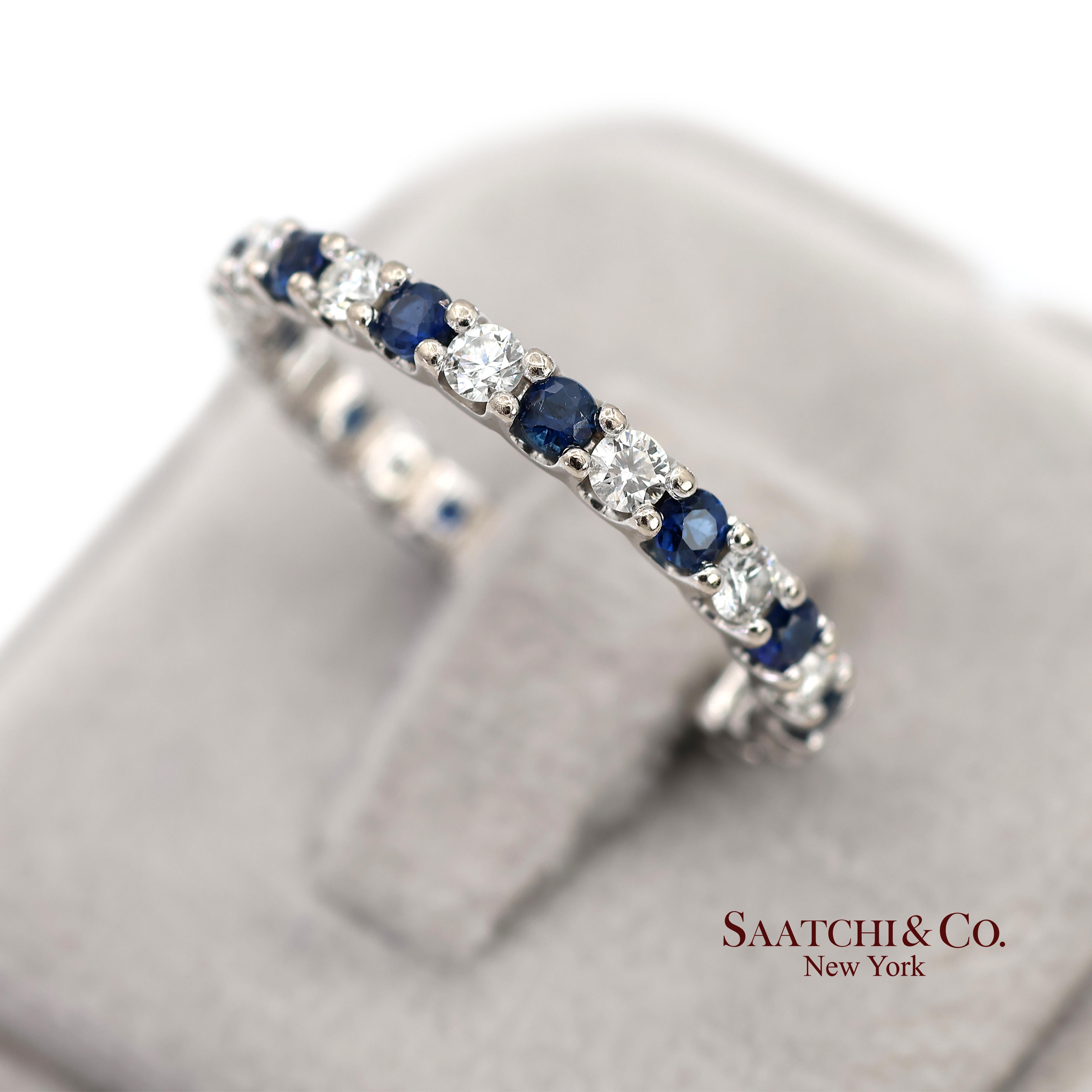 14K Weißgold Natürlicher Brillant Diamant und Saphir Bandring im Angebot 1
