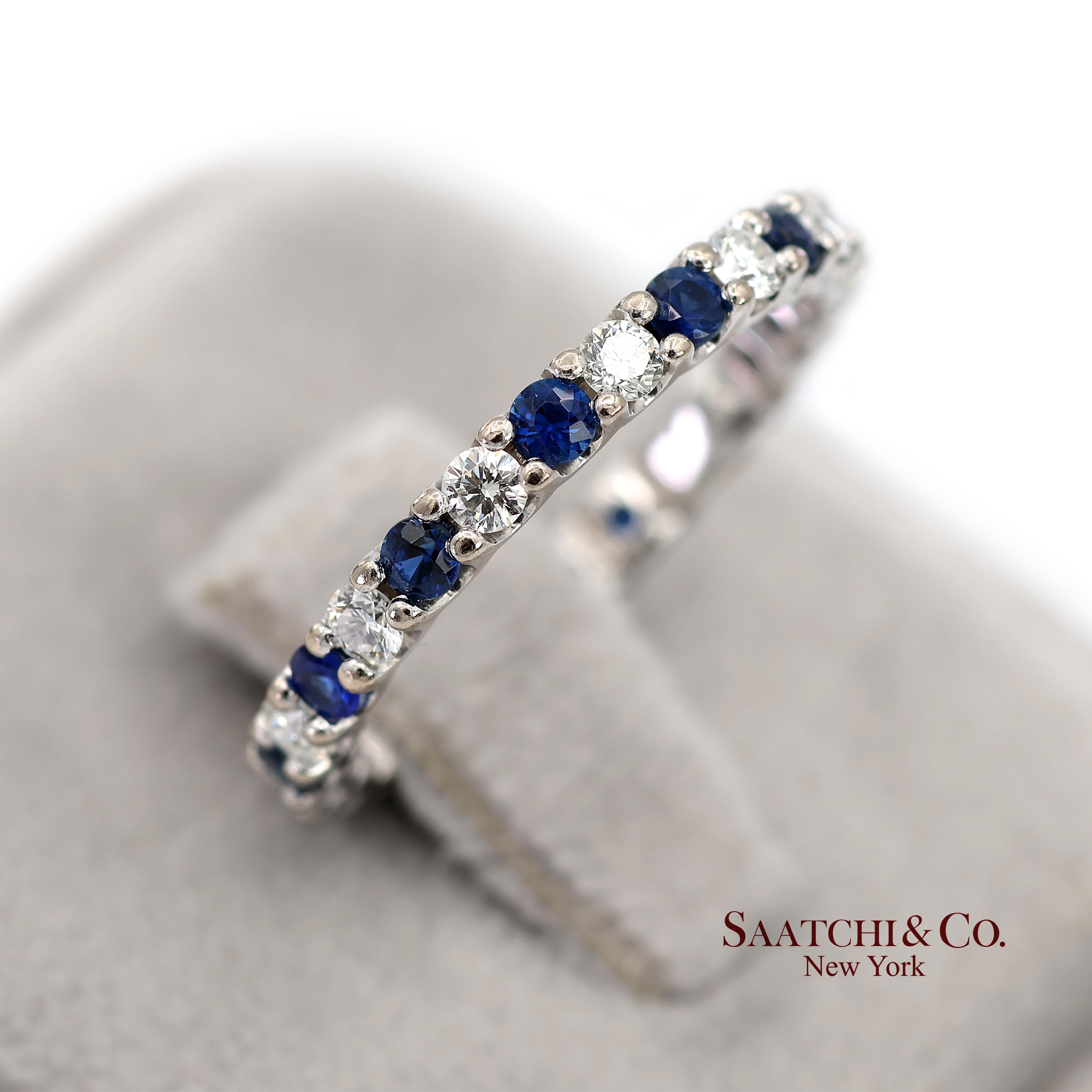 14K Weißgold Natürlicher Brillant Diamant und Saphir Bandring im Angebot 2