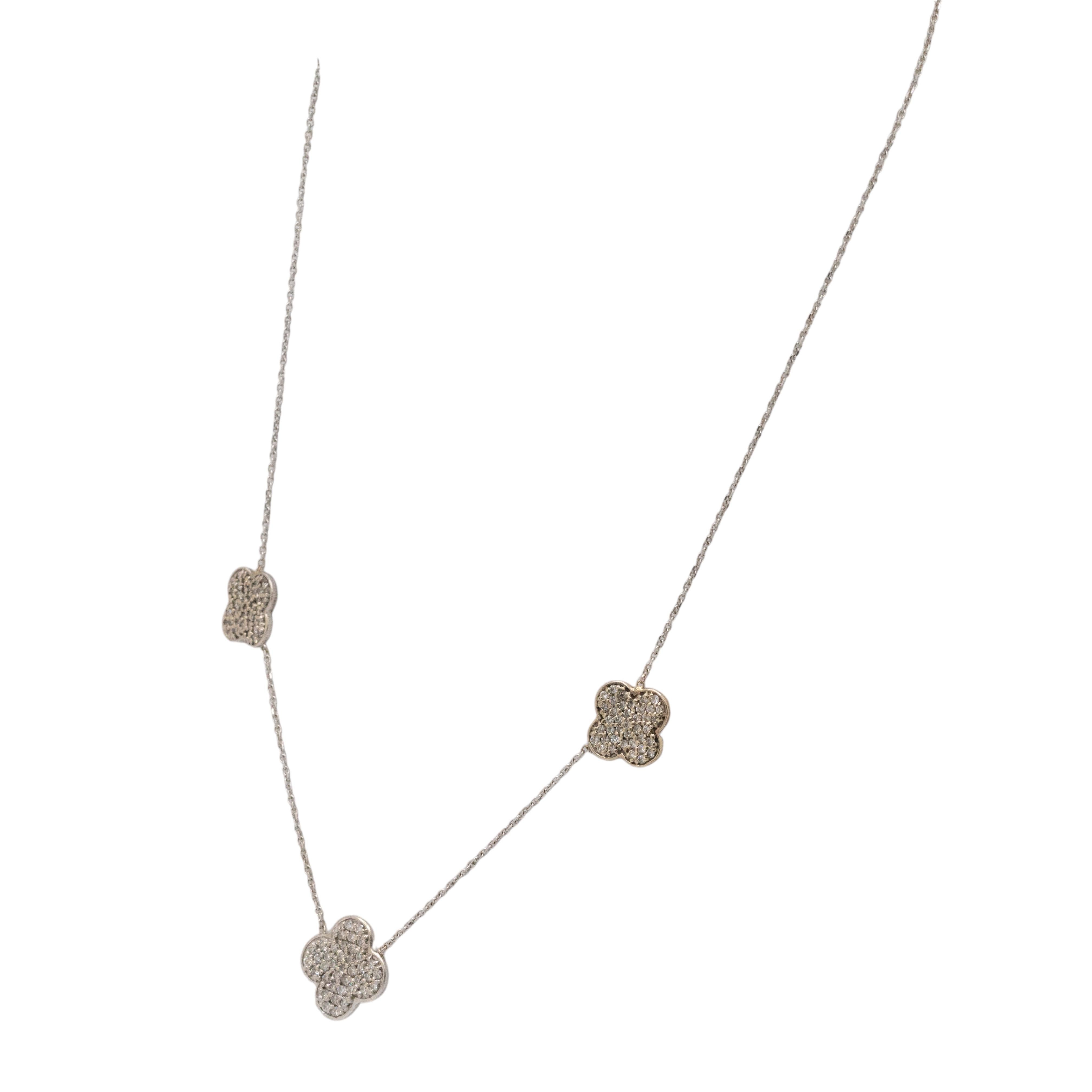 Round Cut 14k White Gold Natural Diamond Alhambra Shaped Necklace