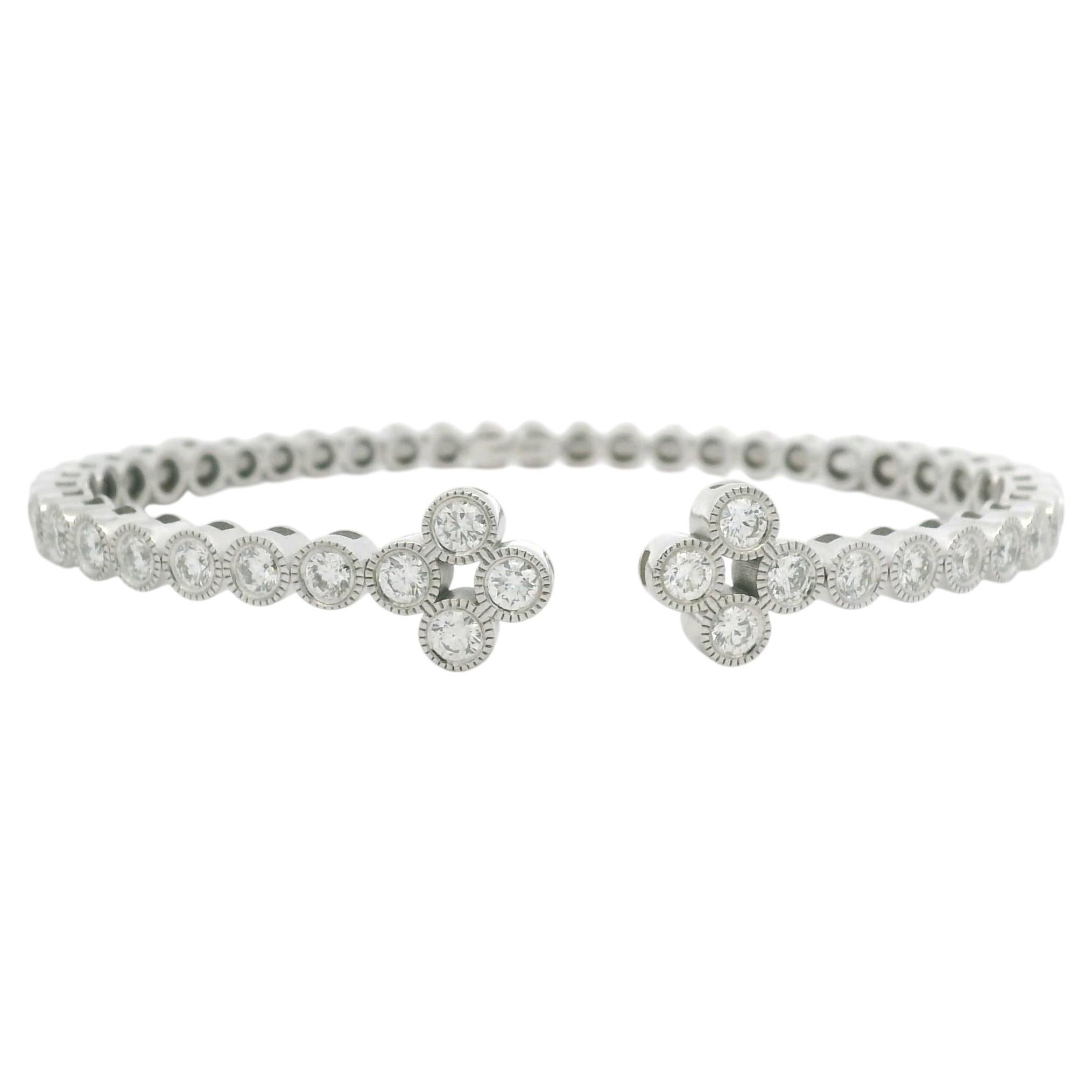 14K White Gold Natural Diamond Bezel Set Open Cuff Bangle Bracelet In Stock
