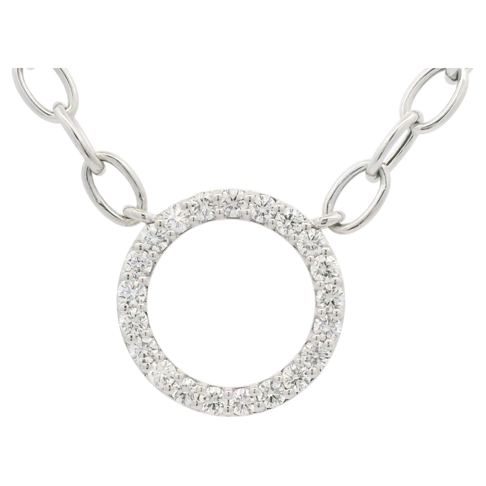 14K White Gold Natural Diamond Circle Pendant Paperclip Necklace In Stock