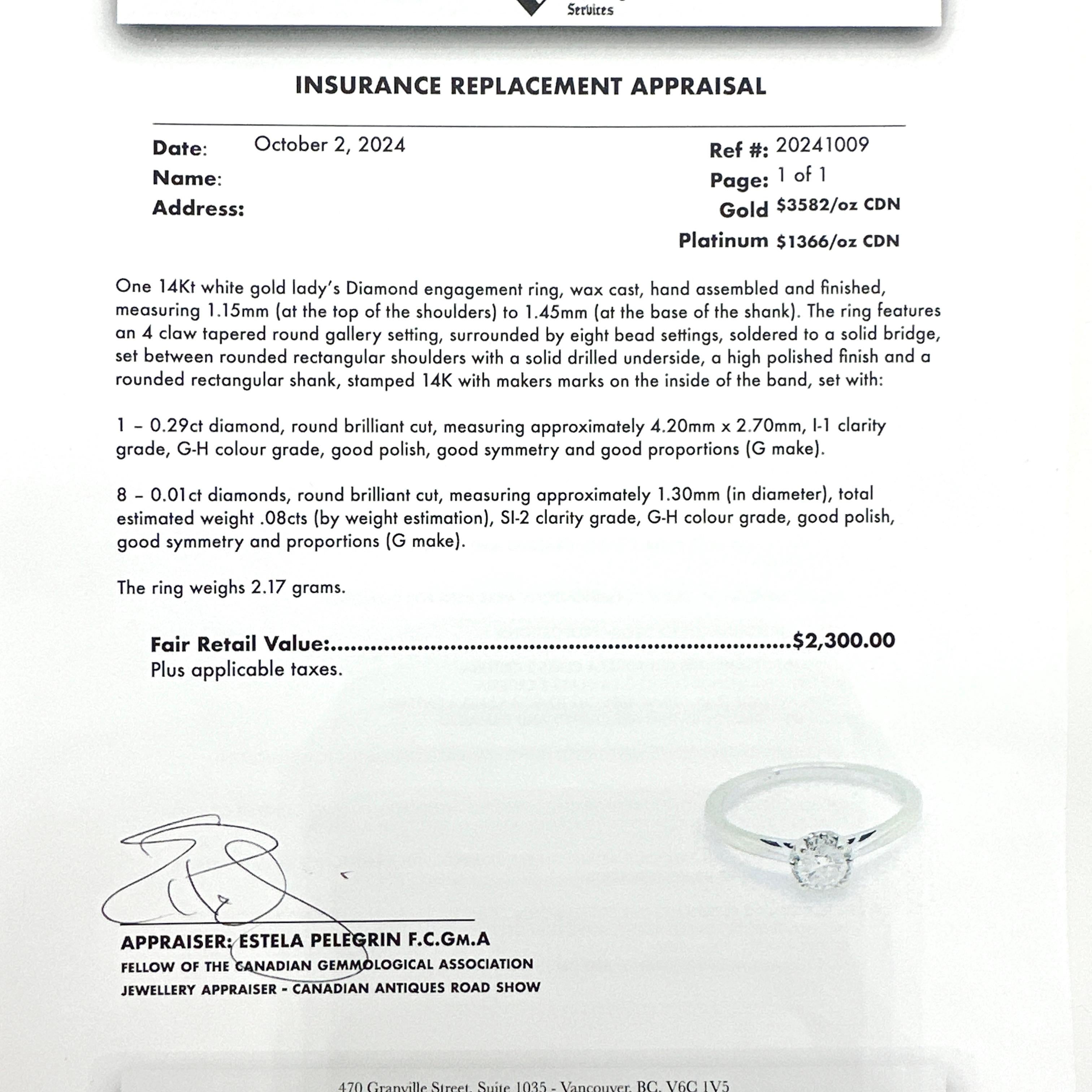 Here is a beautiful 14k White Gold Natural Diamond Ring.

This ring features a center 0.29ct natural earth mined round brilliant cut diamond measuring approx.4.20mm. Center diamond is I-1 clarity, G-H colour with good polish, fair symmetry and