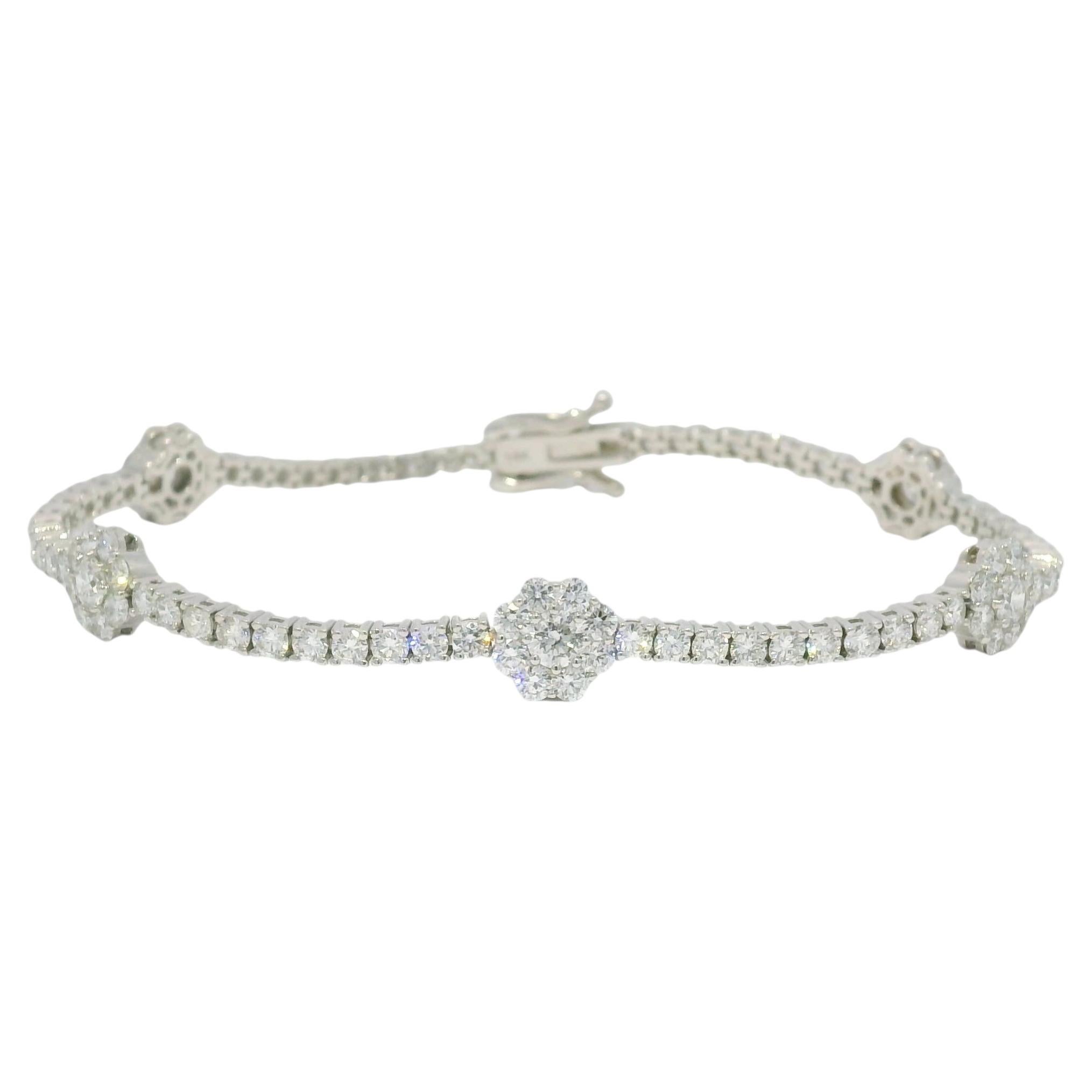 14K White Gold Natural Diamond Flower Station Tennis Bracelet In Stock
