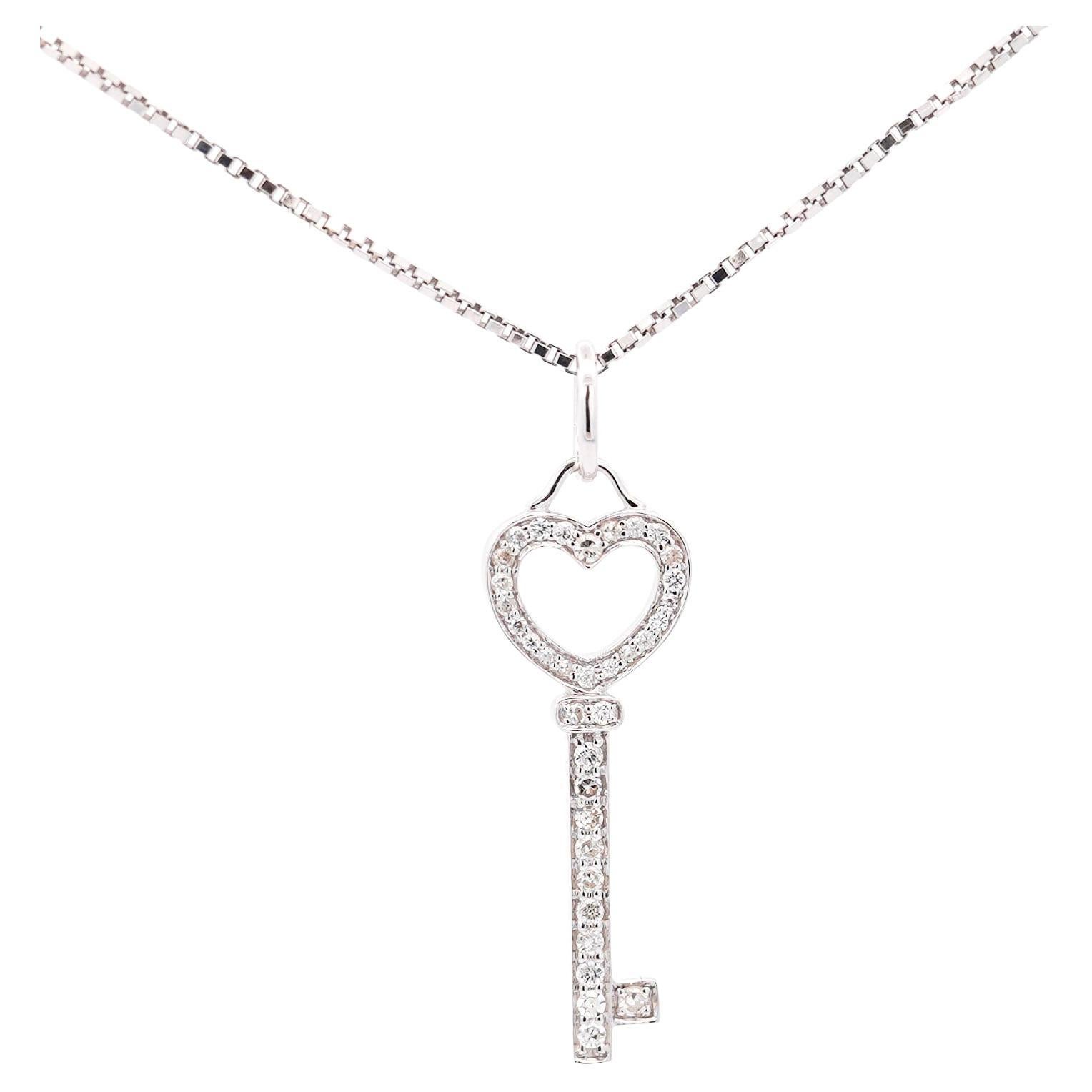14K White Gold Natural Diamond Key To My Heart Pendant Necklace For Sale