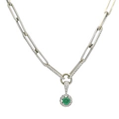 14k White Gold Natural Diamond Paperclip Chain & Emerald Center Pendant Necklace