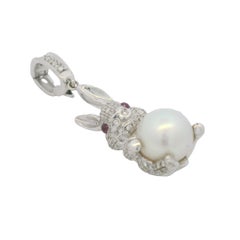 14k White Gold Natural Diamond Pave, Pearl & Ruby Eye Rabbit Pendant In Stock