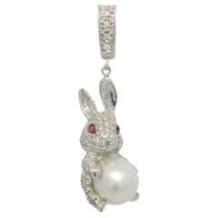 14k White Gold Natural Diamond Pave, Pearl & Ruby Eye Rabbit Pendant In Stock