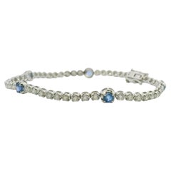 14K White Gold Natural Diamond & Round Sapphire Station Tennis Bracelet In Stock