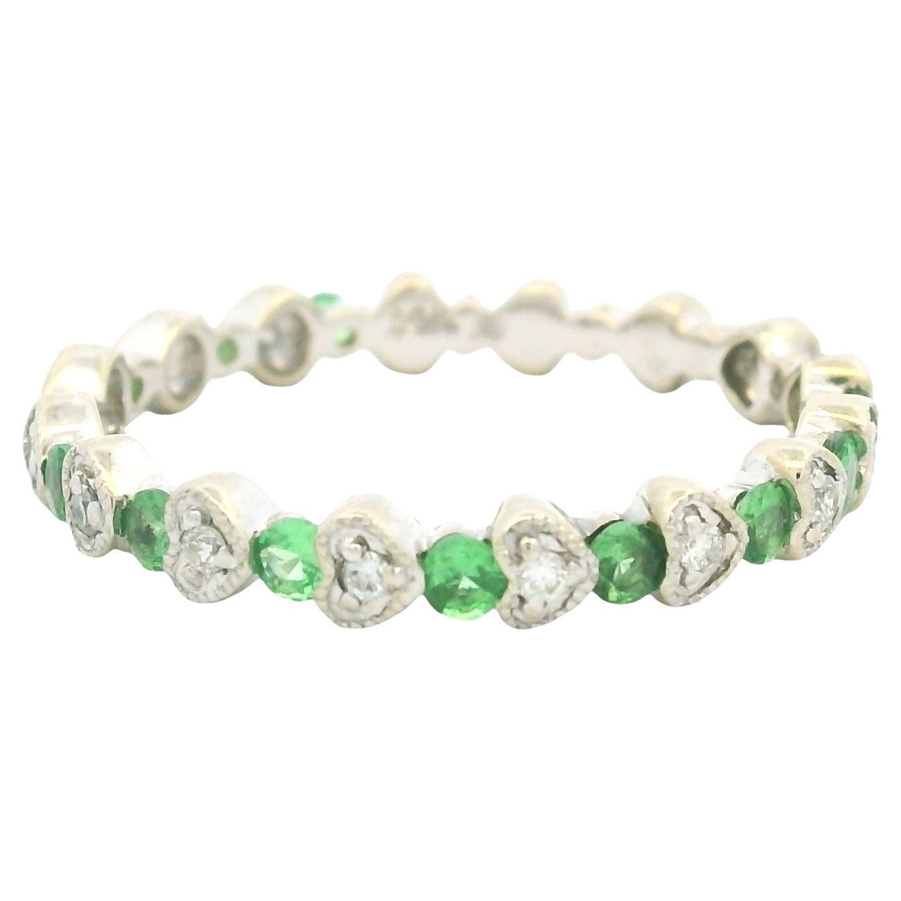14K White Gold Natural Emerald & Diamond Heart Stackable Ring In Stock For Sale