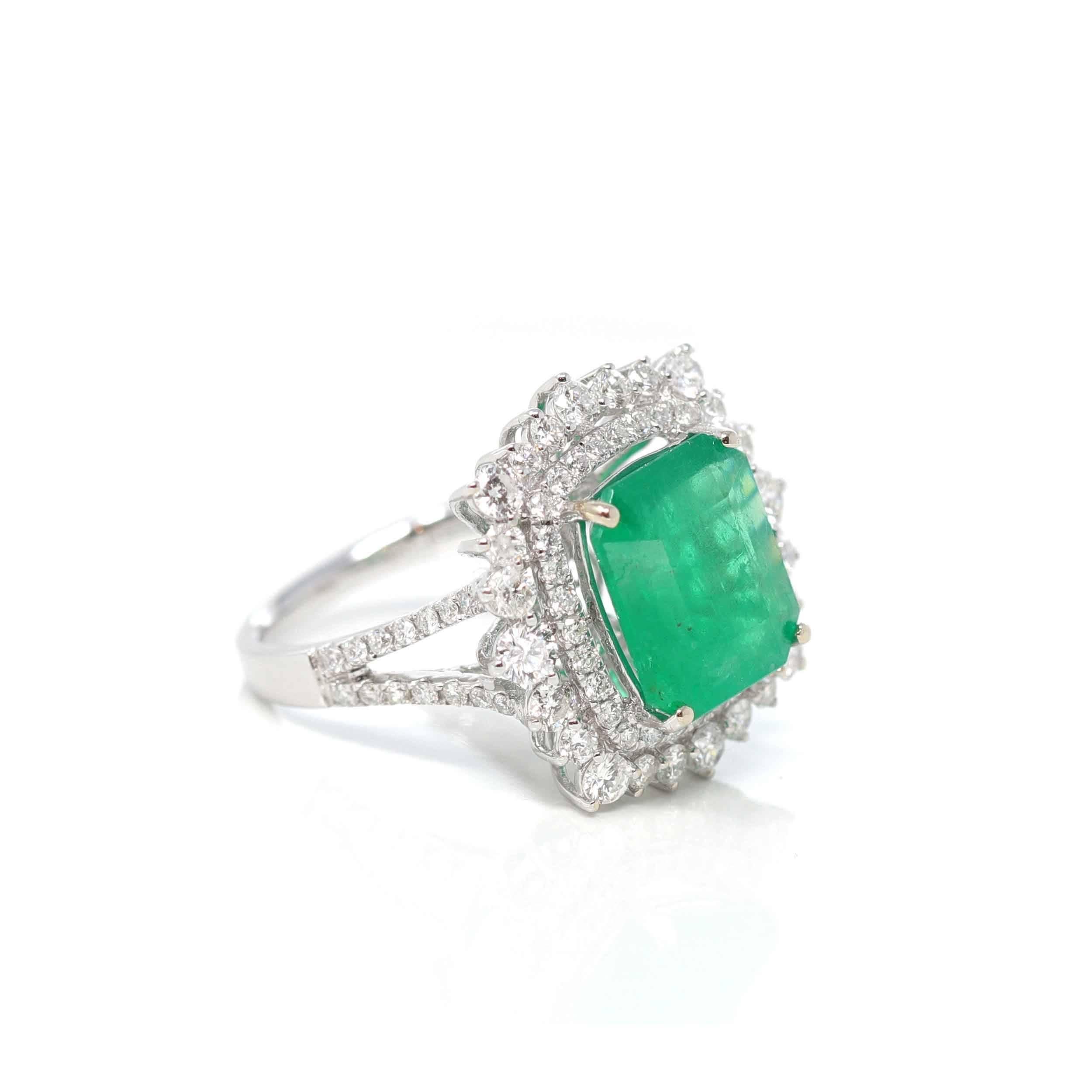 Artist 14k White Gold Natural Emerald Ring with Diamonds For Sale