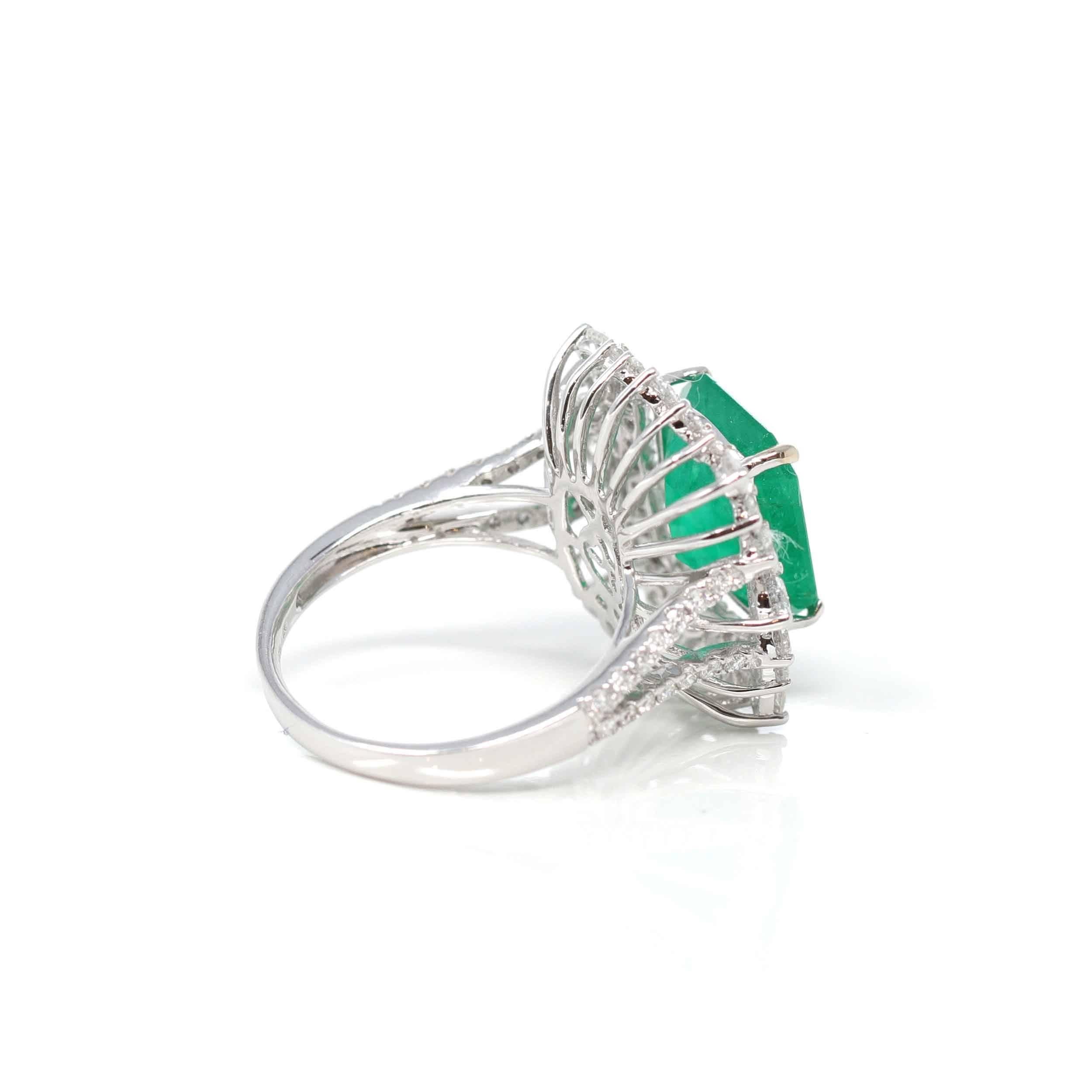 Cushion Cut 14k White Gold Natural Emerald Ring with Diamonds For Sale
