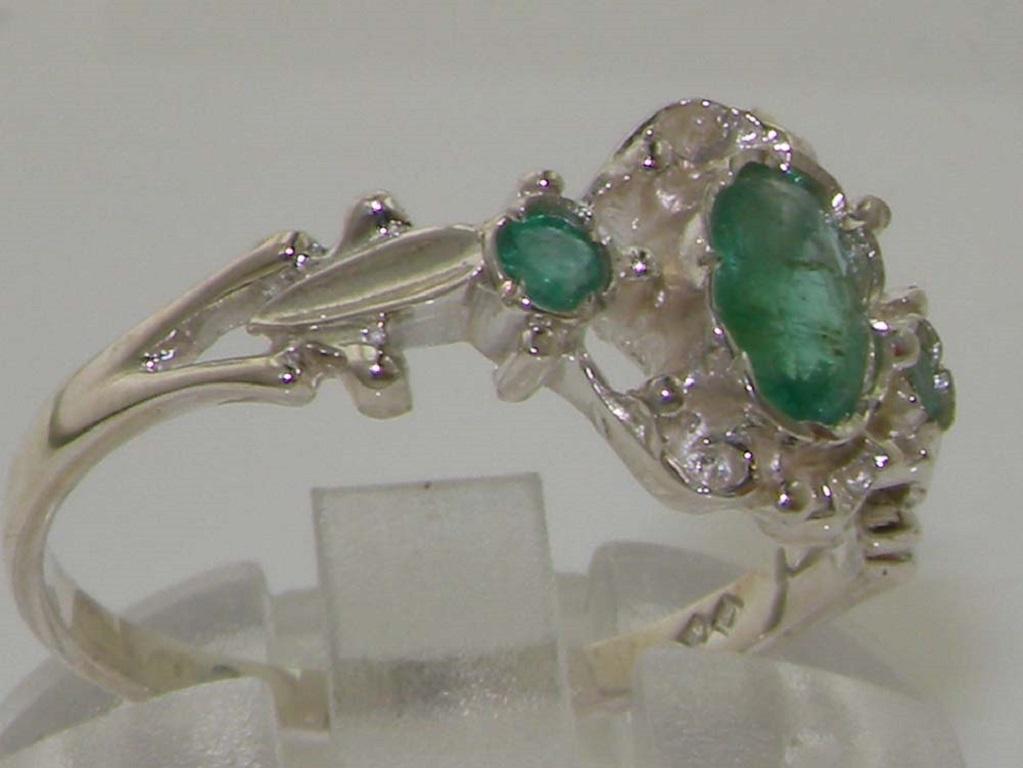 For Sale:  14k White Gold Natural Emerald Womens Trilogy Ring Customizable 2