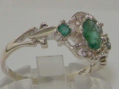 14k White Gold Natural Emerald Womens Trilogy Ring Customizable