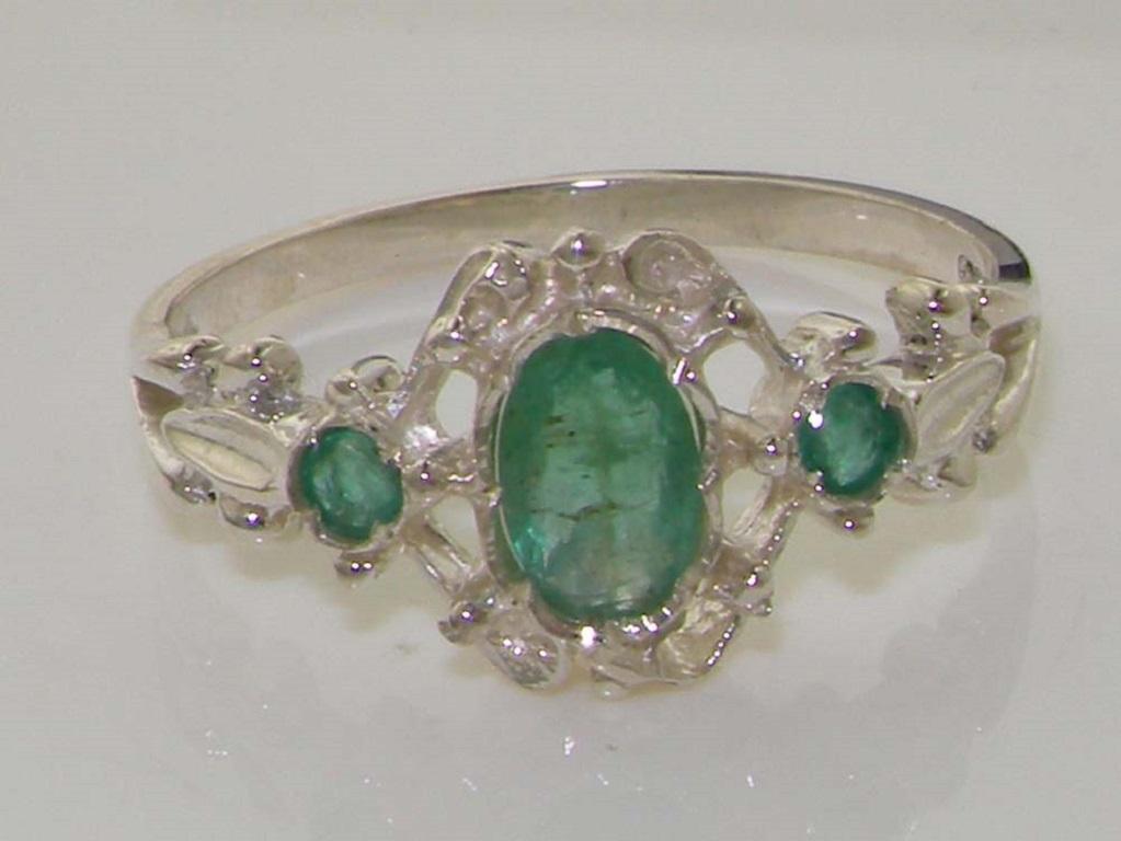 For Sale:  14k White Gold Natural Emerald Womens Trilogy Ring Customizable 4