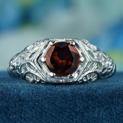 14K White Gold Natural Garnet Vintage Style Filigree Ring
