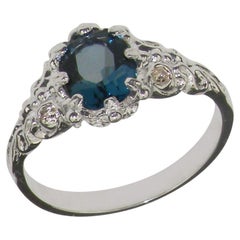 Bague solitaire en or blanc 14 carats avec topaze bleue naturelle de Londres, personnalisation