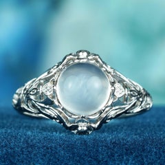 14K White Gold Natural Moonstone Vintage Style Filigree Ring