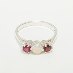 14K White Gold Natural Opal & Pink Tourmaline Womens Trilogy Ring Customizable