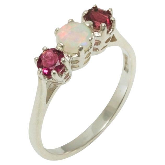 For Sale:  14K White Gold Natural Opal & Pink Tourmaline Womens Trilogy Ring Customizable