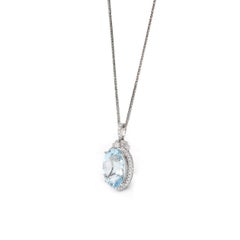 14k White Gold Natural Oval Aquamarine Necklace With Diamond