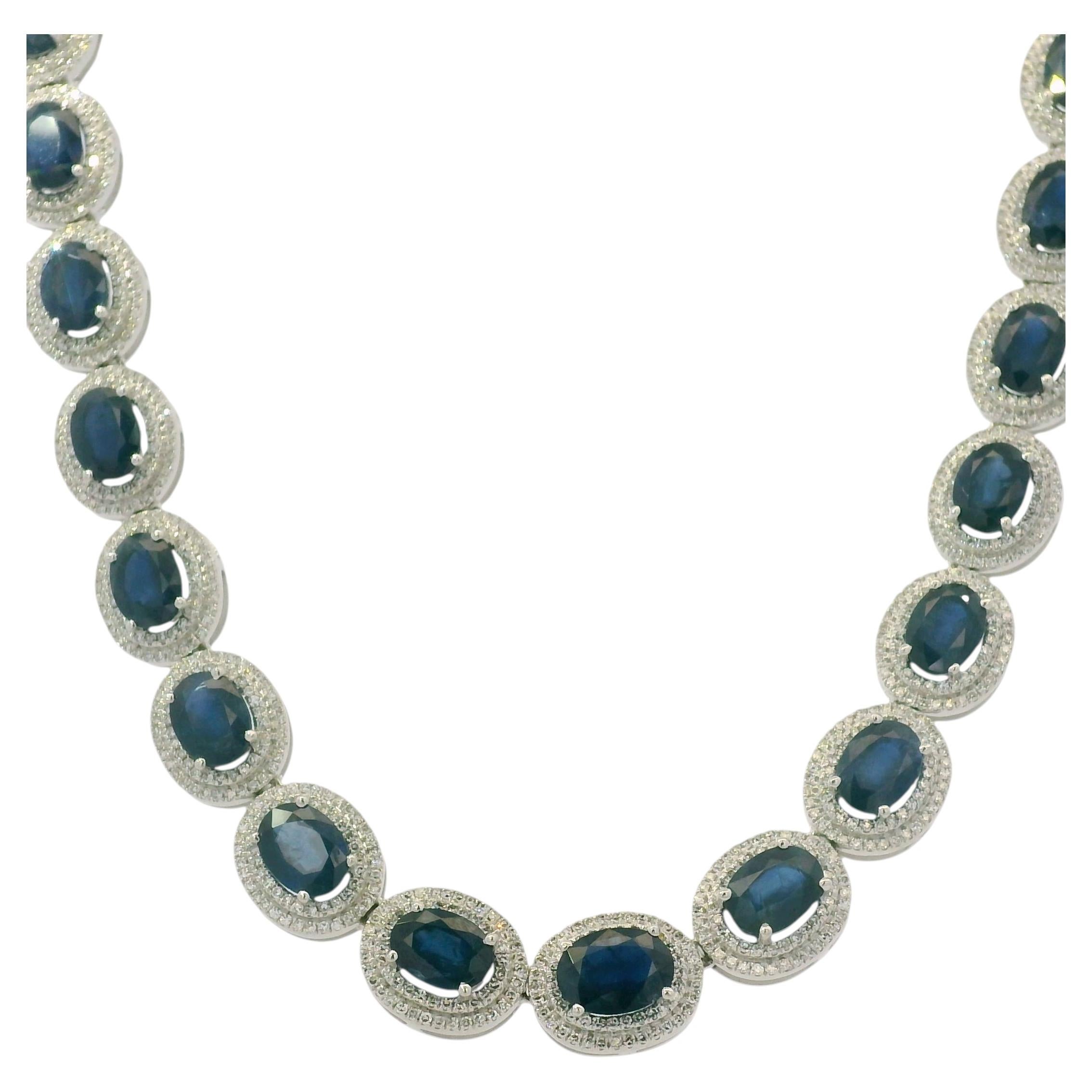 14K White Gold Natural Oval Sapphire & Diamond Halo Station Necklace In Stock