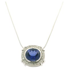 14k White Gold Natural Oval Shape Tanzanite & Diamond Halo Pendant Necklace