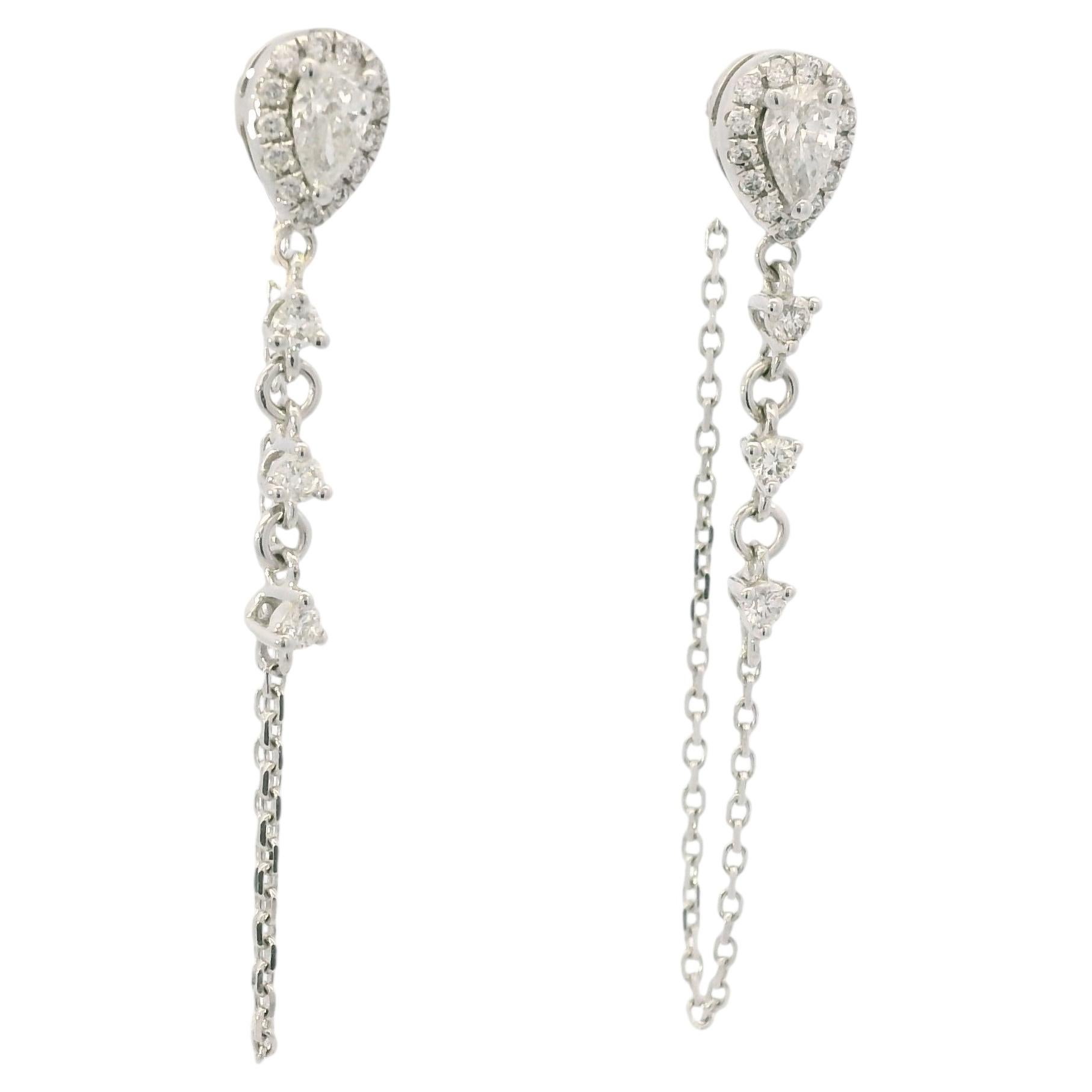 14K White Gold Natural Pear Shape & Round Brilliant Diamond Drop Chain Earrings For Sale