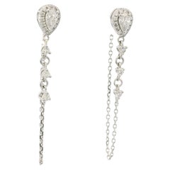 14K White Gold Natural Pear Shape & Round Brilliant Diamond Drop Chain Earrings