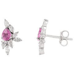 14K White Gold Natural Pear-Shaped Pink Sapphire & Diamond Cluster Stud Earrings