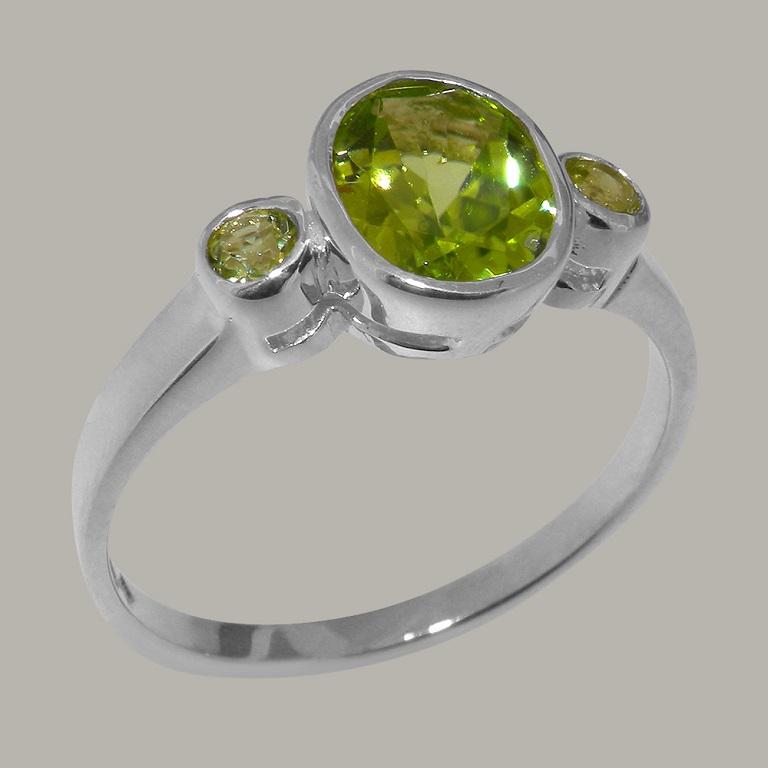 For Sale:  14k White Gold Natural Peridot Womens Trilogy Ring, Customizable 2