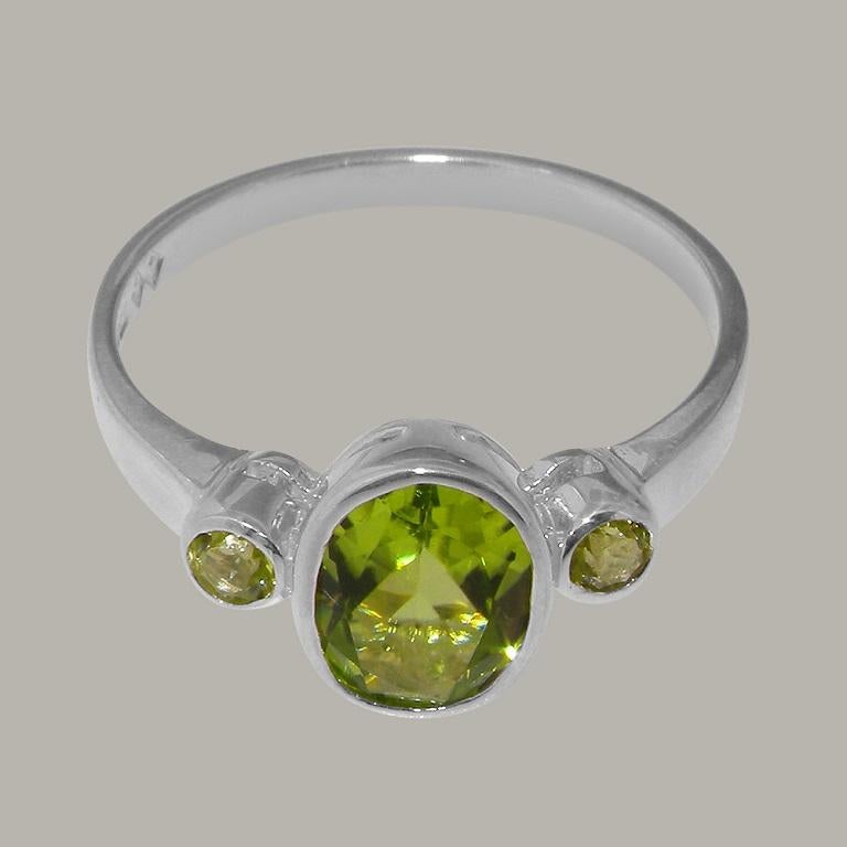 For Sale:  14k White Gold Natural Peridot Womens Trilogy Ring, Customizable 5