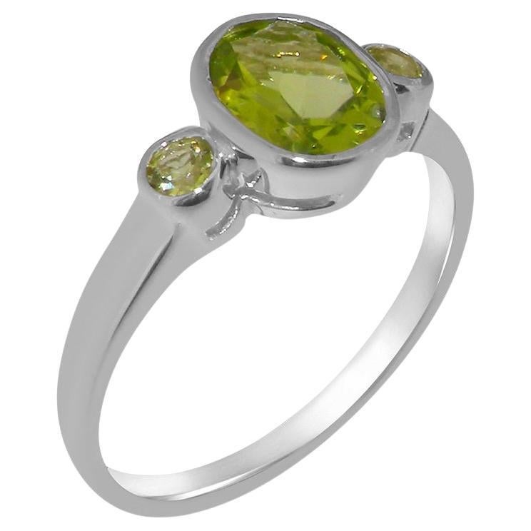 For Sale:  14k White Gold Natural Peridot Womens Trilogy Ring, Customizable