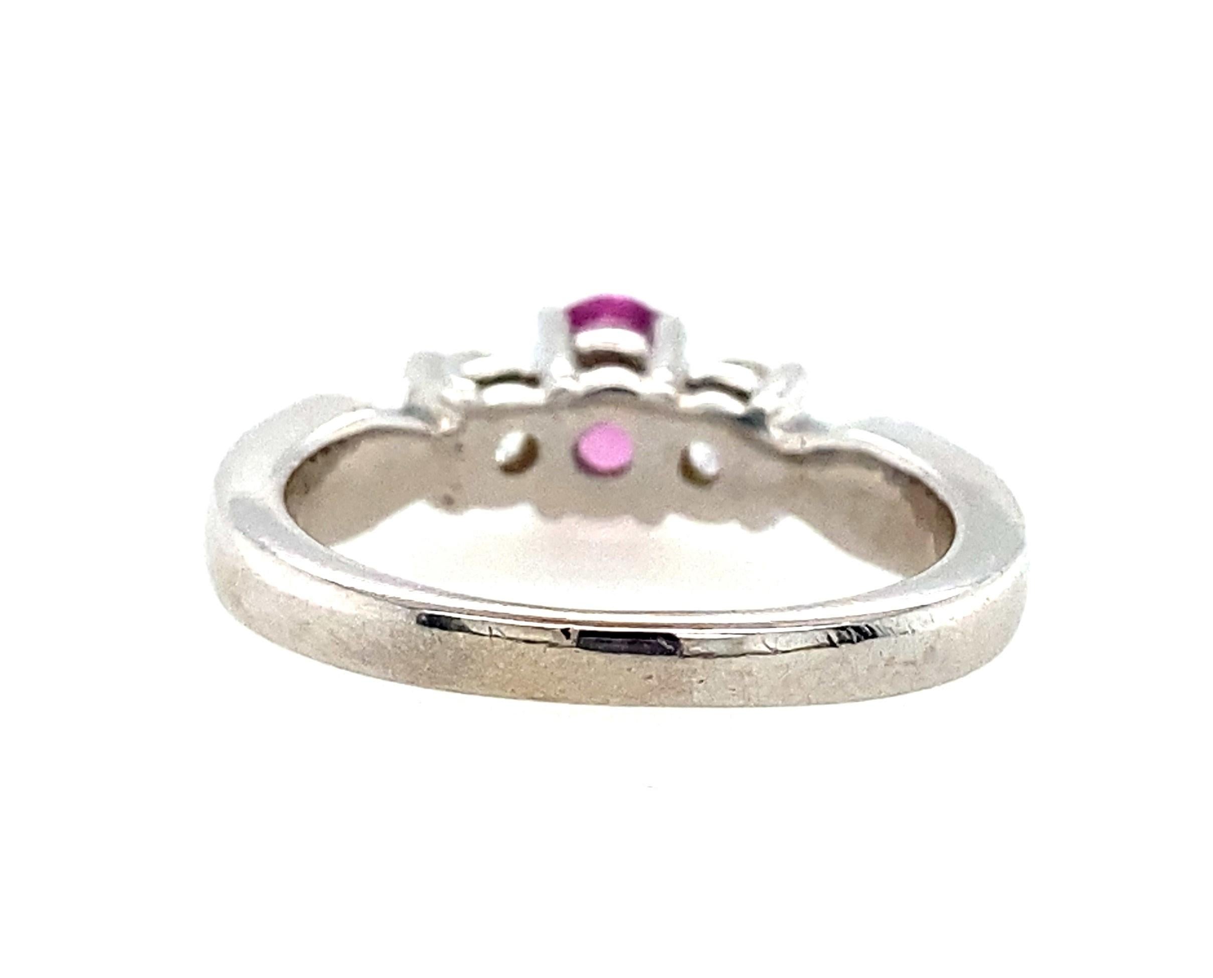 Oval Cut 14k White Gold Natural Pink Sapphire and Diamond Three Stone Ring For Sale