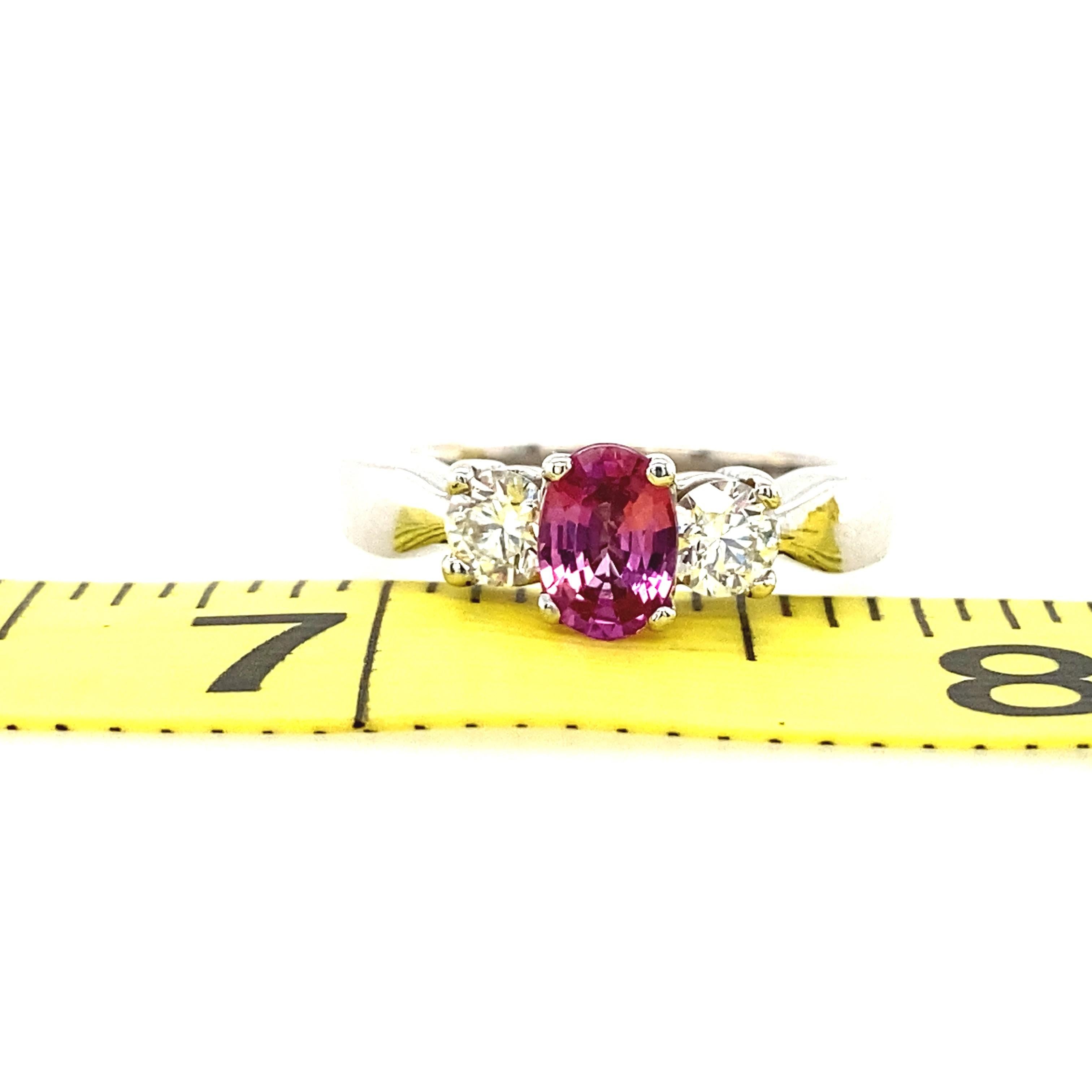14k White Gold Natural Pink Sapphire and Diamond Three Stone Ring For Sale 1