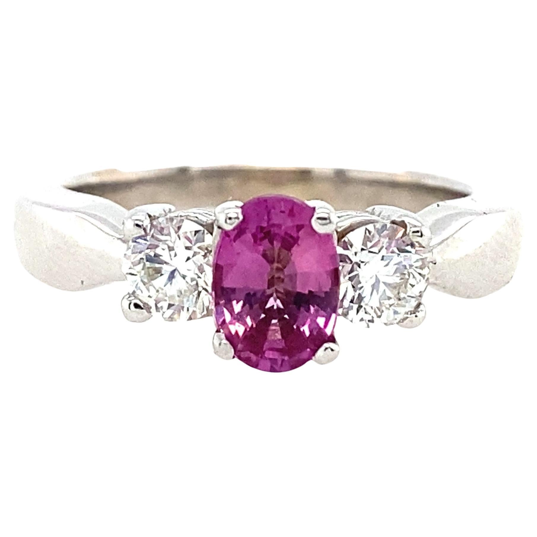 14k White Gold Natural Pink Sapphire and Diamond Three Stone Ring For Sale