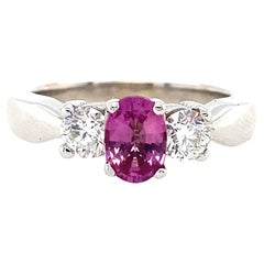 14k White Gold Natural Pink Sapphire and Diamond Three Stone Ring
