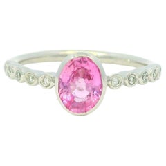 14K White Gold Natural Pink Sapphire & Diamond Bezel Set Ring In Stock