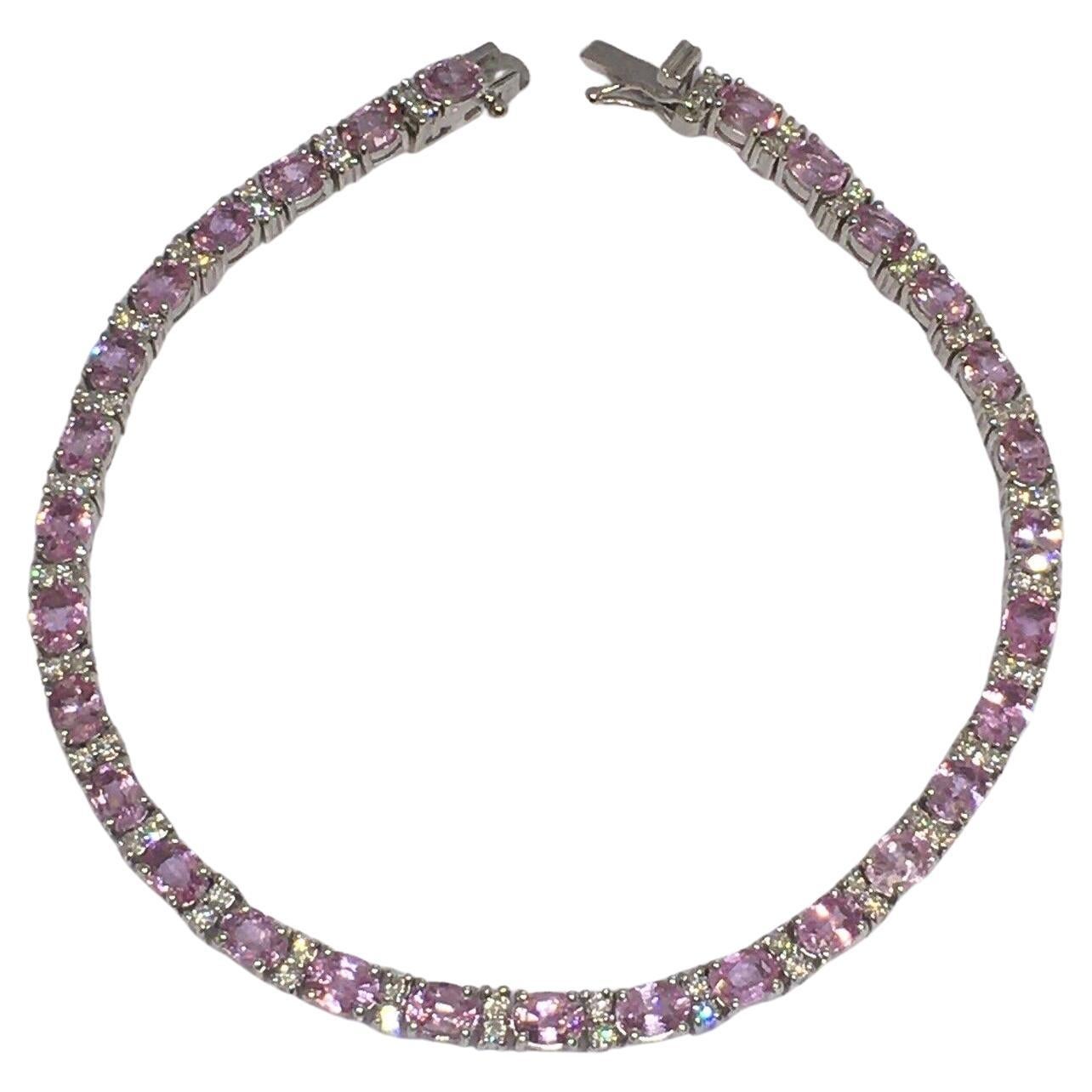 14K White Gold Natural Pink Sapphire & Diamond Lady's Tennis Bracelet For Sale